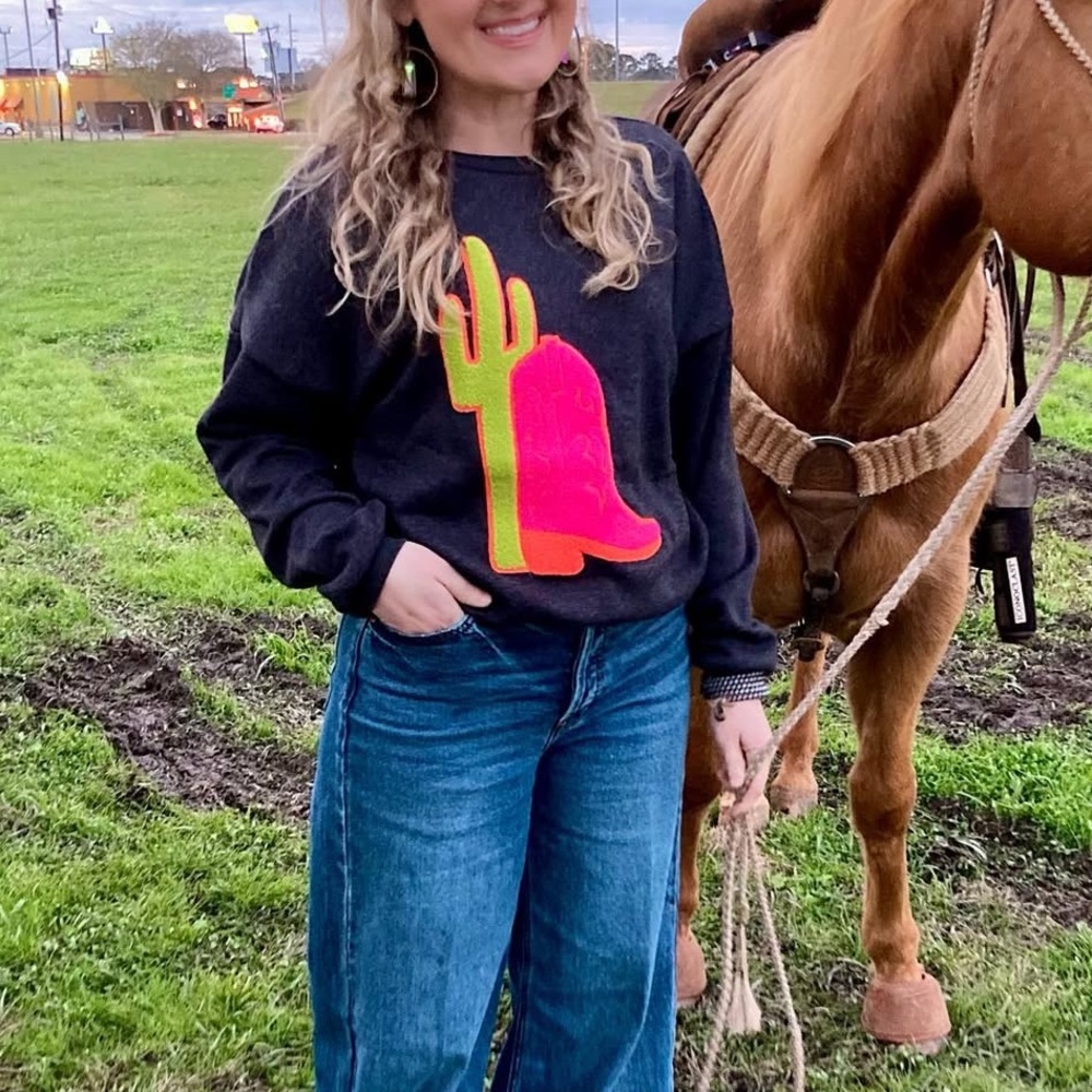 Gray Sweatshirt with Neon Cactus and Boot Design